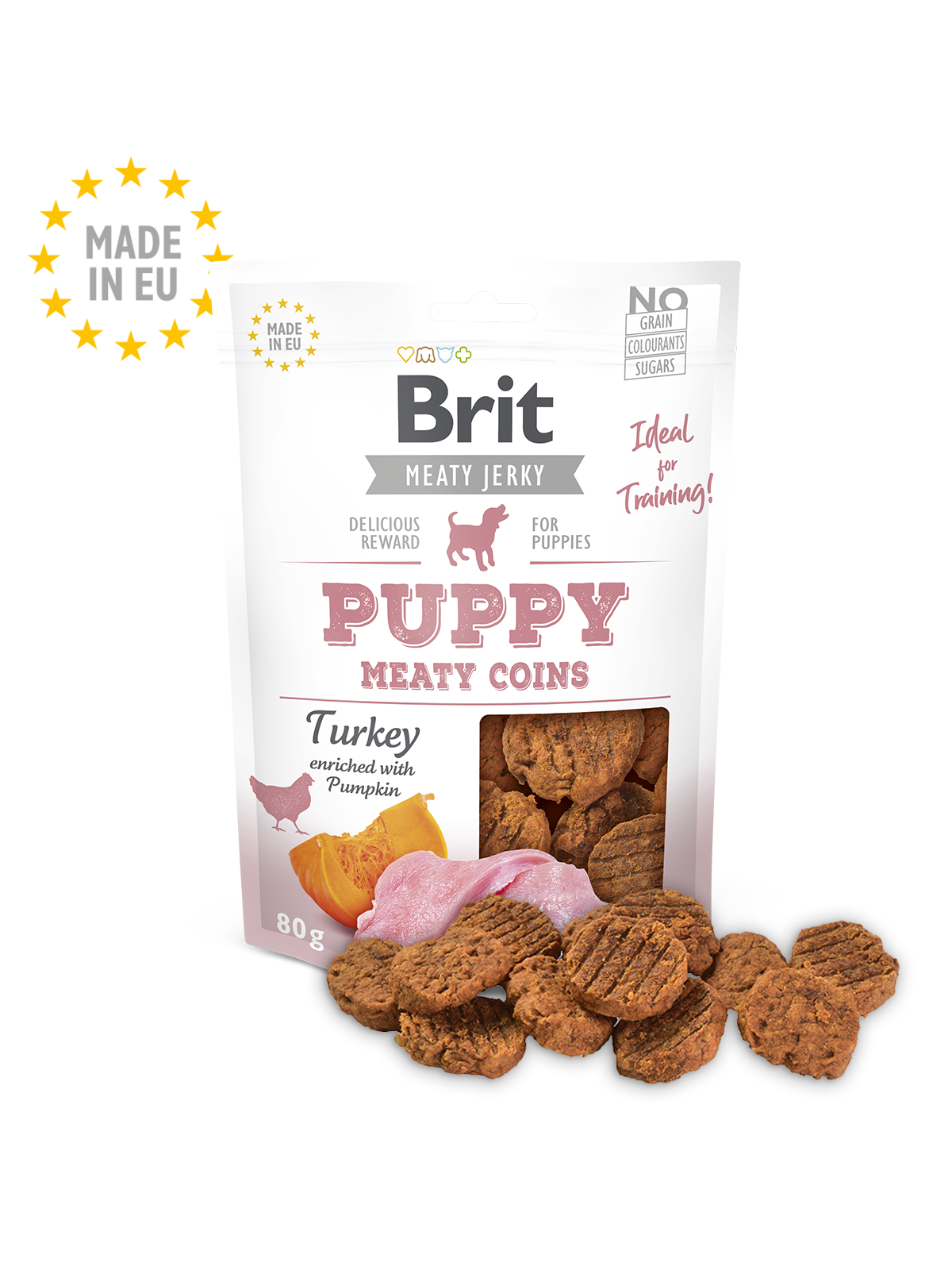 BRIT MEATY JERKY PUPPY PAVO Y CALABAZA 80 GR