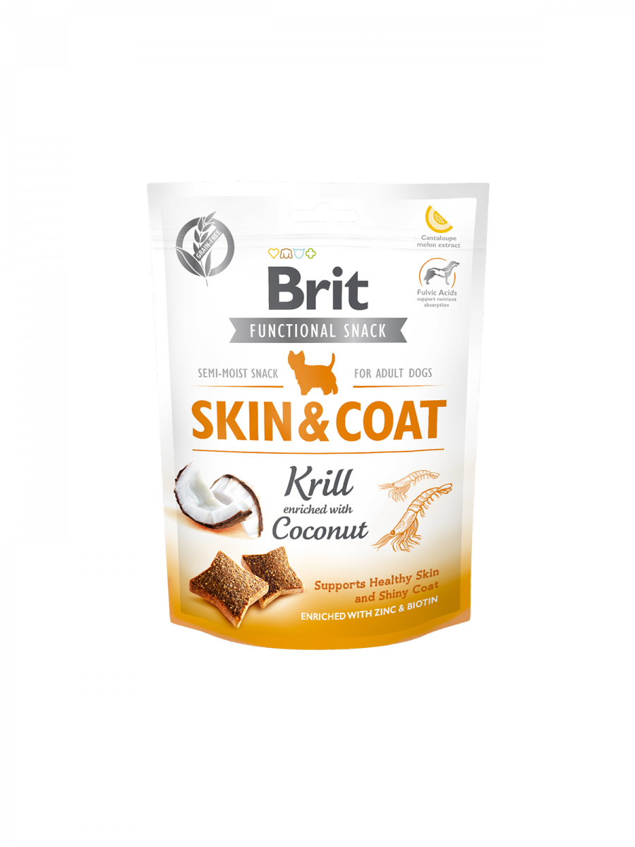 BRIT FUNCTIONAL SNACK SKIN & COAT KRILL Y COCO 150 GR